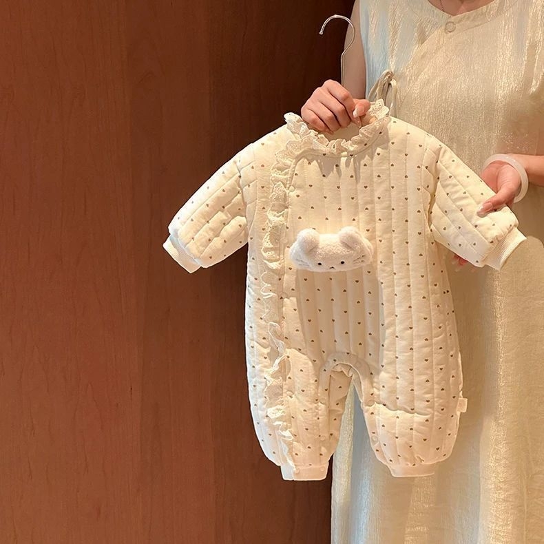 Koreai stílusú csipkés babaaruha overál, 0–1 év, téli meleg fleece