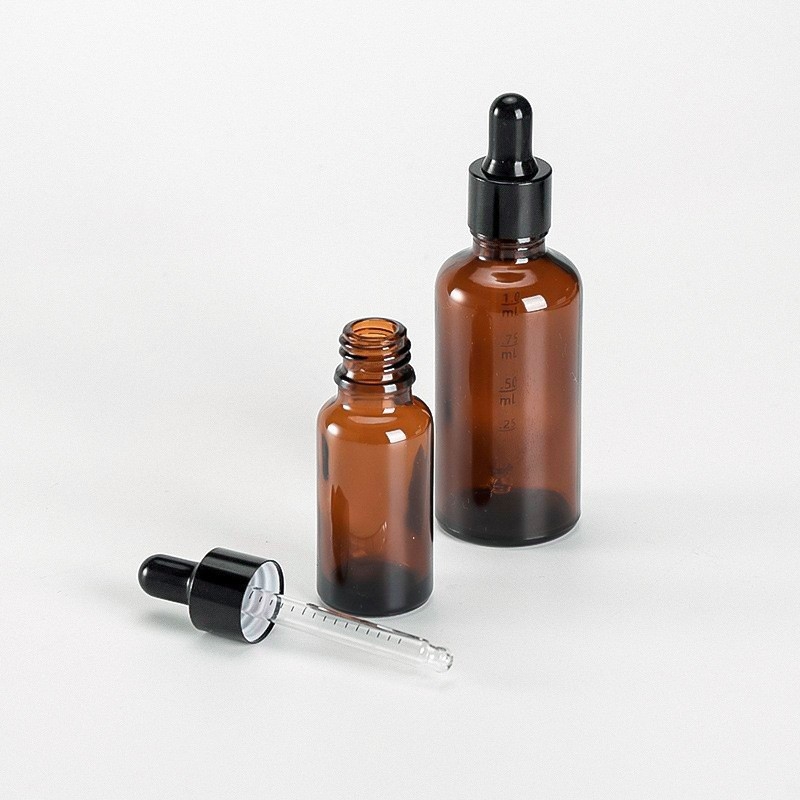 Üveges cseppentő palack esszenciális olajokhoz, mérőskálával, barna üveg, fekete gumírozott kupakkal, méretek 5ml–100ml