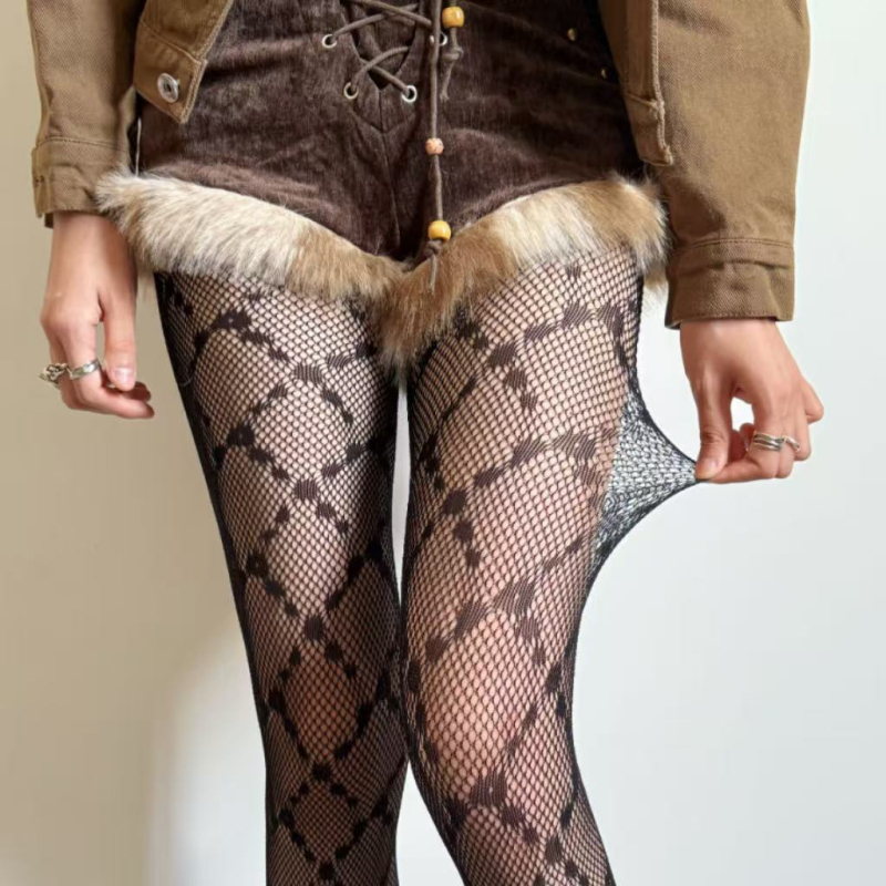 Čarape s mrežom u rombo uzorku, smeđo-crne boje, seksi JK stil, retro za jesen