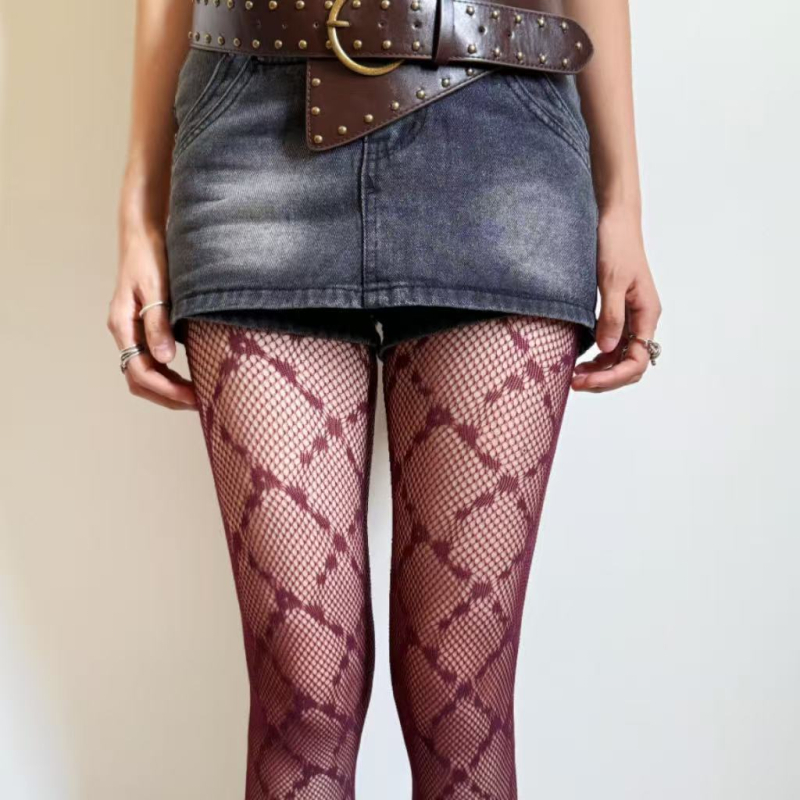 Čarape s mrežom u rombo uzorku, smeđo-crne boje, seksi JK stil, retro za jesen