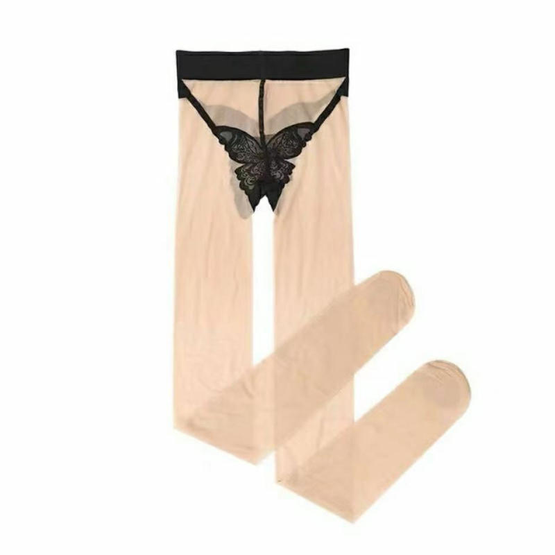 Crne ženske pantyhose od core-spun vlakana, ultra tanke, s izvezena leptira u preponama