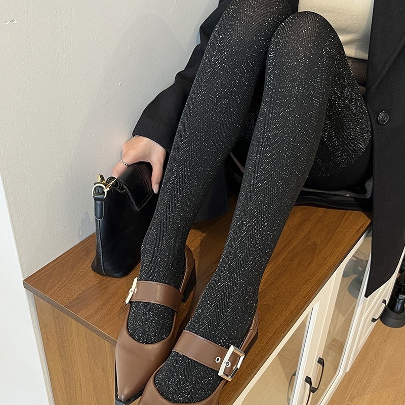 Ženske čarape s uzorkom herringbone, sjajna srebrna nit, jacquard tkanina na pamukovoj podlozi