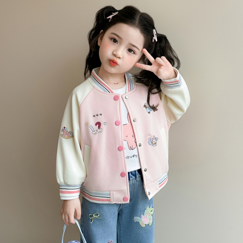 Kétrészes készlet lányoknak: karikatúra mintás baseball dzseki és koreai stílusú farmernadrág, tavasz 2026