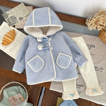 DW259901 Lányoknak szóló fleece-béléssel készült kabát, téli 2025, kapucnival, középhosszú, koreai stílusú, rajzfilmszerű mintával, öv nélkül