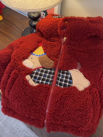 Gyerekek téli pamutkabát piros, kapucnival, fleece béléssel, vastag