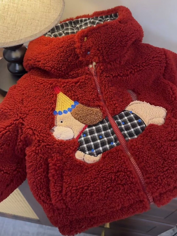Gyerekek téli pamutkabát piros, kapucnival, fleece béléssel, vastag