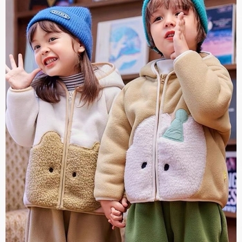 Gyerekeknek készült őszi kapucnis kabát fleece béléssel, koreai stílus, 3–8 éveseknek