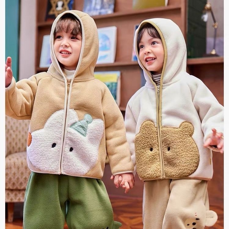 Gyerekeknek készült őszi kapucnis kabát fleece béléssel, koreai stílus, 3–8 éveseknek