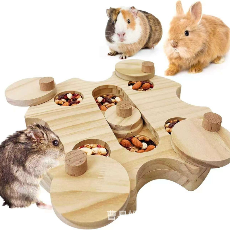 Drvena igra za traženje hrane sa skrivenim poslasticama za male životinje – puzzle hranilica za hamster, morče i zec