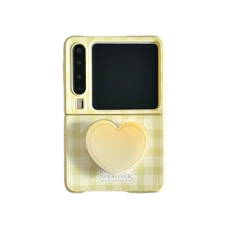 Žltý kockovaný silikónový ochranný kryt so srdcovým stojanom pre skladacie telefóny Samsung Galaxy Z Flip7 a Huawei Pura X