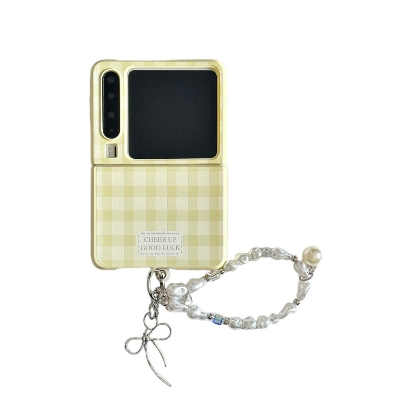 Žltý kockovaný silikónový ochranný kryt so srdcovým stojanom pre skladacie telefóny Samsung Galaxy Z Flip7 a Huawei Pura X