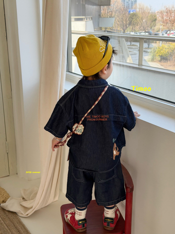 Gyerekeknek szóló nyári két darabos készlet: ing és denim rövidnadrág, puha pamut, Koreai stílus