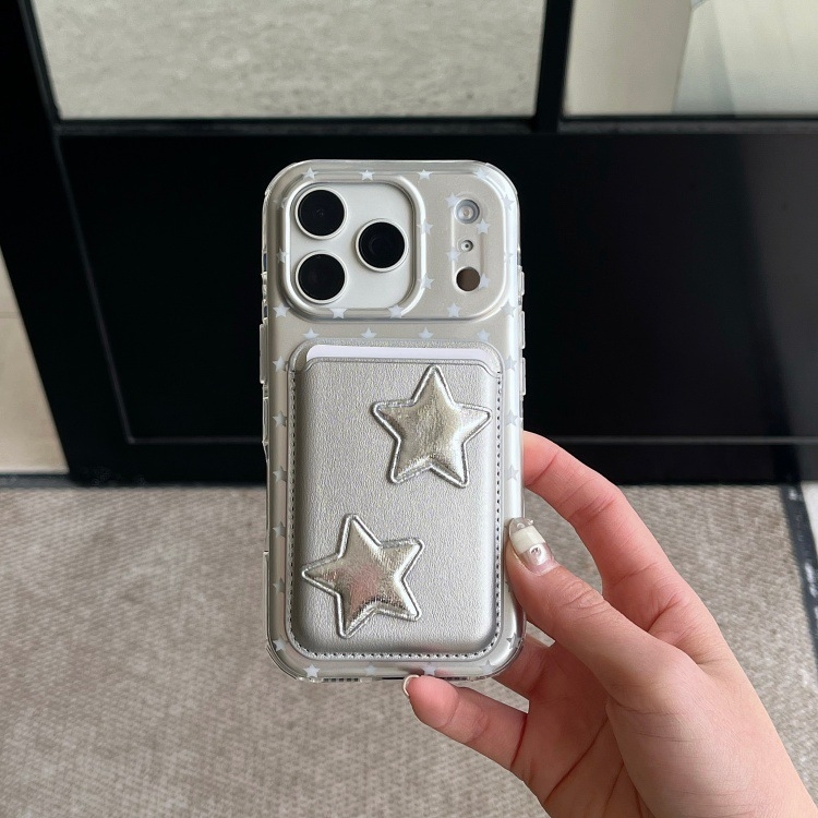 Carcasă de telefon în stil coreean, cu stele argintii strălucitoare pentru iPhone 14/15/16 Pro/17 Pro/17 Pro Max