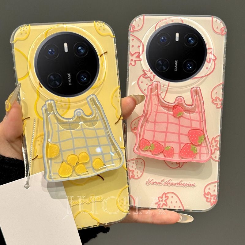 Husă din silicon pentru Huawei Mate70 Pro cu suport, stil Instagram, design cu căpșună
