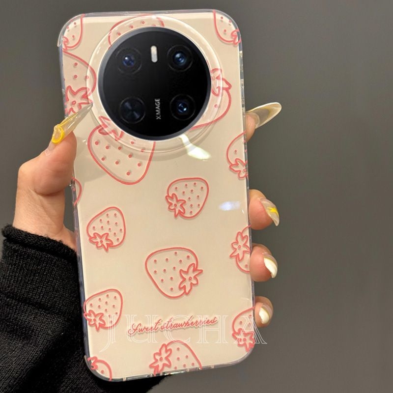 Husă din silicon pentru Huawei Mate70 Pro cu suport, stil Instagram, design cu căpșună