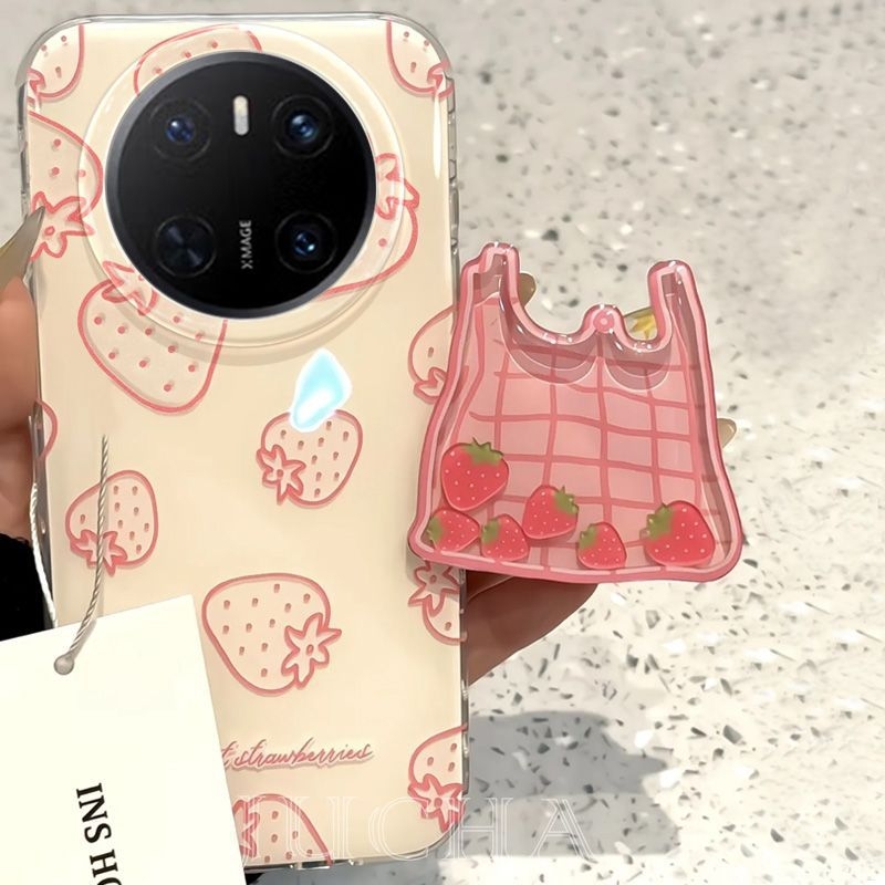 Husă din silicon pentru Huawei Mate70 Pro cu suport, stil Instagram, design cu căpșună