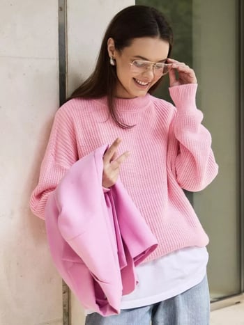 Πλεκτό πουλόβερ oversized με στρογγυλό λαιμό, μακριά μανίκια, πολυεστέρας, χειμερινό στυλ