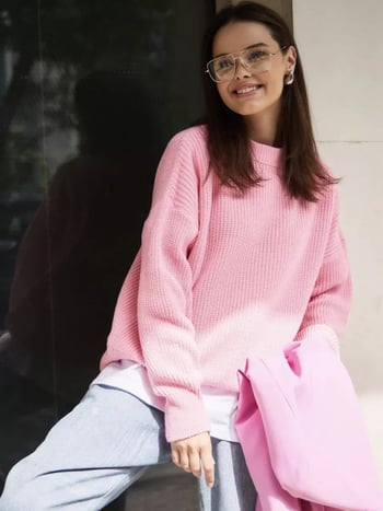 Πλεκτό πουλόβερ oversized με στρογγυλό λαιμό, μακριά μανίκια, πολυεστέρας, χειμερινό στυλ