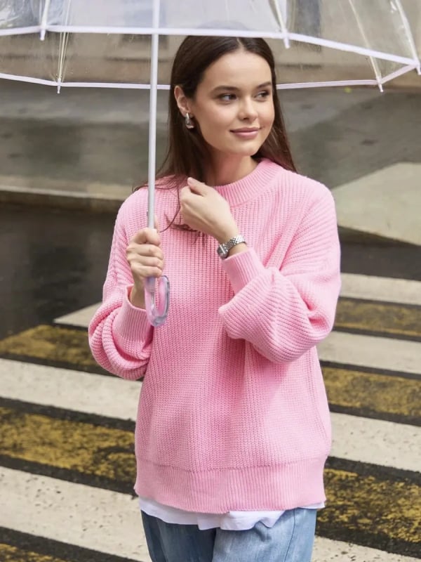 Πλεκτό πουλόβερ oversized με στρογγυλό λαιμό, μακριά μανίκια, πολυεστέρας, χειμερινό στυλ
