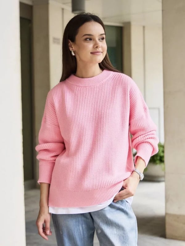 Πλεκτό πουλόβερ oversized με στρογγυλό λαιμό, μακριά μανίκια, πολυεστέρας, χειμερινό στυλ