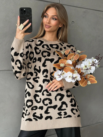 Leopárd mintás kötött pulóver, oversize, meleg, kapucnis