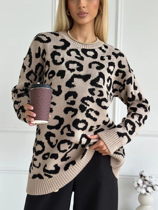 Leopárd mintás kötött pulóver, oversize, meleg, kapucnis