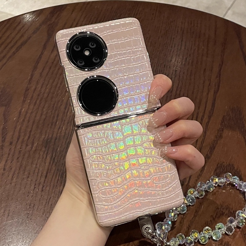Carcasă TPU cu model crocodil pentru Huawei P50 Pocket (telefon pliabil), curea din mărgele roz gradient