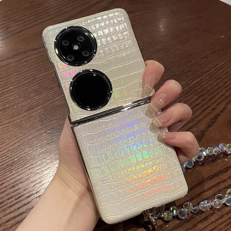 Carcasă TPU cu model crocodil pentru Huawei P50 Pocket (telefon pliabil), curea din mărgele roz gradient