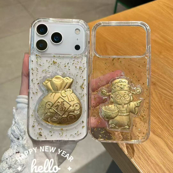 Novogodišnji epoksidni kućište za iPhone 17 Pro Max i iPhone 16, prozirno s Bogom bogatstva i Godinom konja