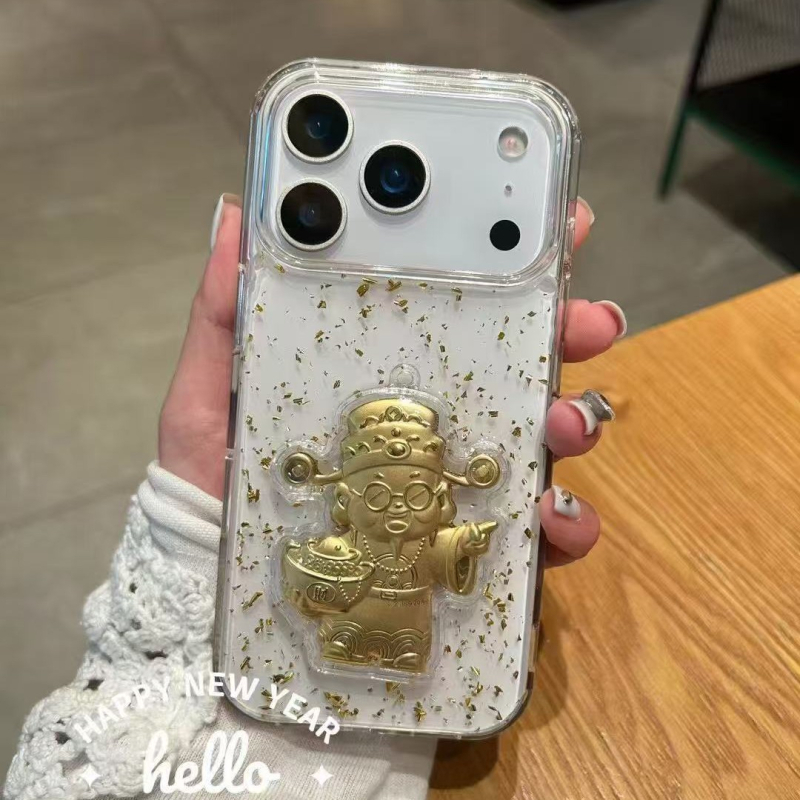 Novogodišnji epoksidni kućište za iPhone 17 Pro Max i iPhone 16, prozirno s Bogom bogatstva i Godinom konja