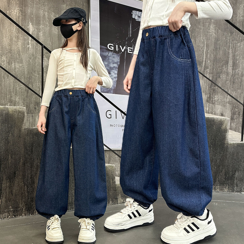 Gyerekeknek szóló laza farmernadrág, harangszárú, japán/koreai stílus, tavasz–ősz, nagyobb lányok számára