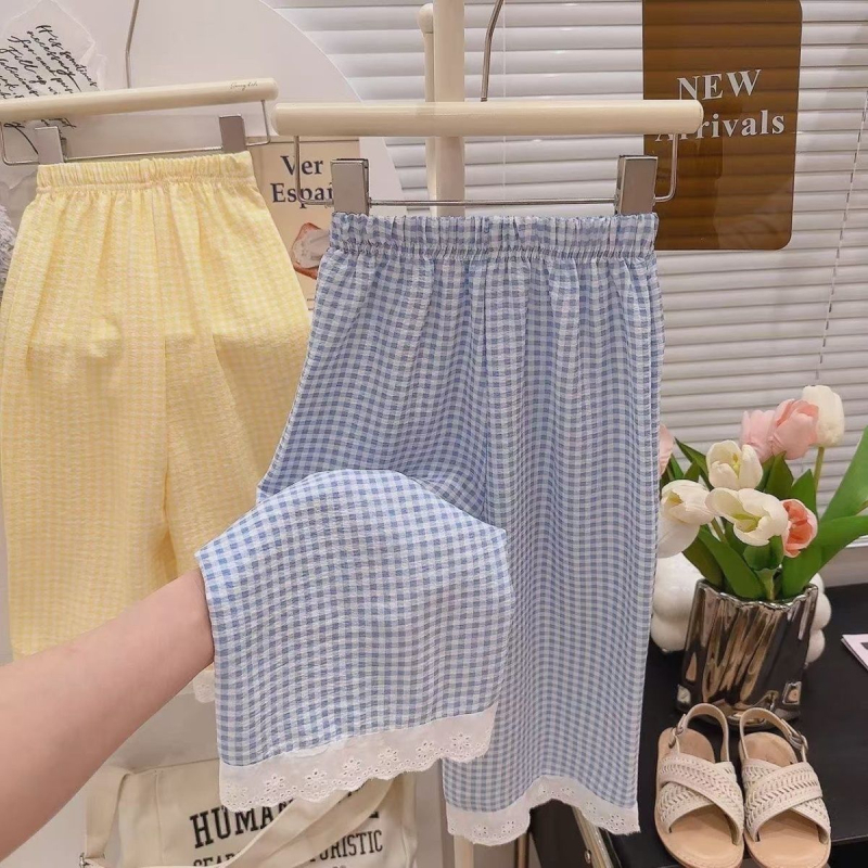 Dječje karirane široke hlače s čipkastim obrubom, korejski stil, ljetne hlače protiv komaraca