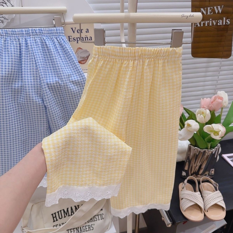 Dječje karirane široke hlače s čipkastim obrubom, korejski stil, ljetne hlače protiv komaraca