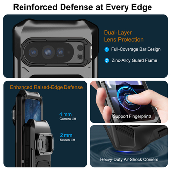 Carcasă metalică de protecție pentru Google Pixel 9/10 Pro XL, cu acoperire completă, suport încorporat, rezistentă la căderi, anti-derapare, praf și anti-amprente.