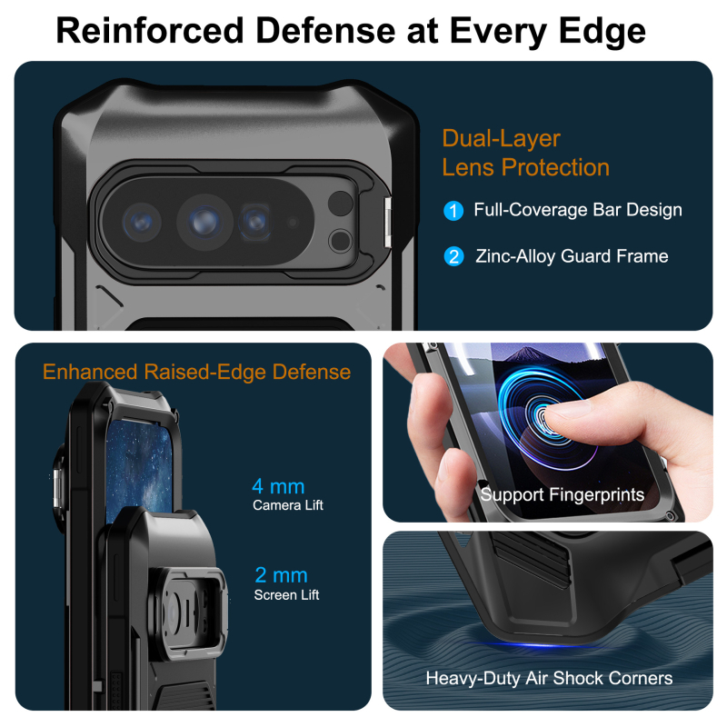 Carcasă metalică de protecție pentru Google Pixel 9/10 Pro XL, cu acoperire completă, suport încorporat, rezistentă la căderi, anti-derapare, praf și anti-amprente.
