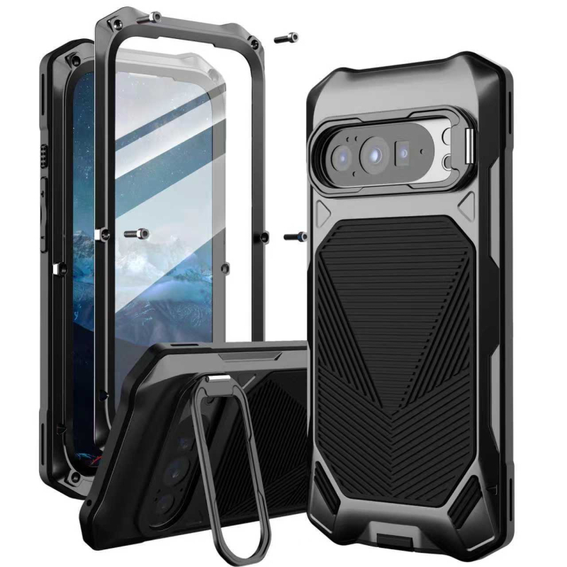 Carcasă metalică de protecție pentru Google Pixel 9/10 Pro XL, cu acoperire completă, suport încorporat, rezistentă la căderi, anti-derapare, praf și anti-amprente.