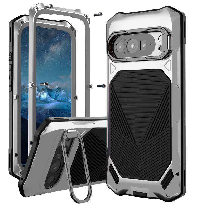 Carcasă metalică de protecție pentru Google Pixel 9/10 Pro XL, cu acoperire completă, suport încorporat, rezistentă la căderi, anti-derapare, praf și anti-amprente.