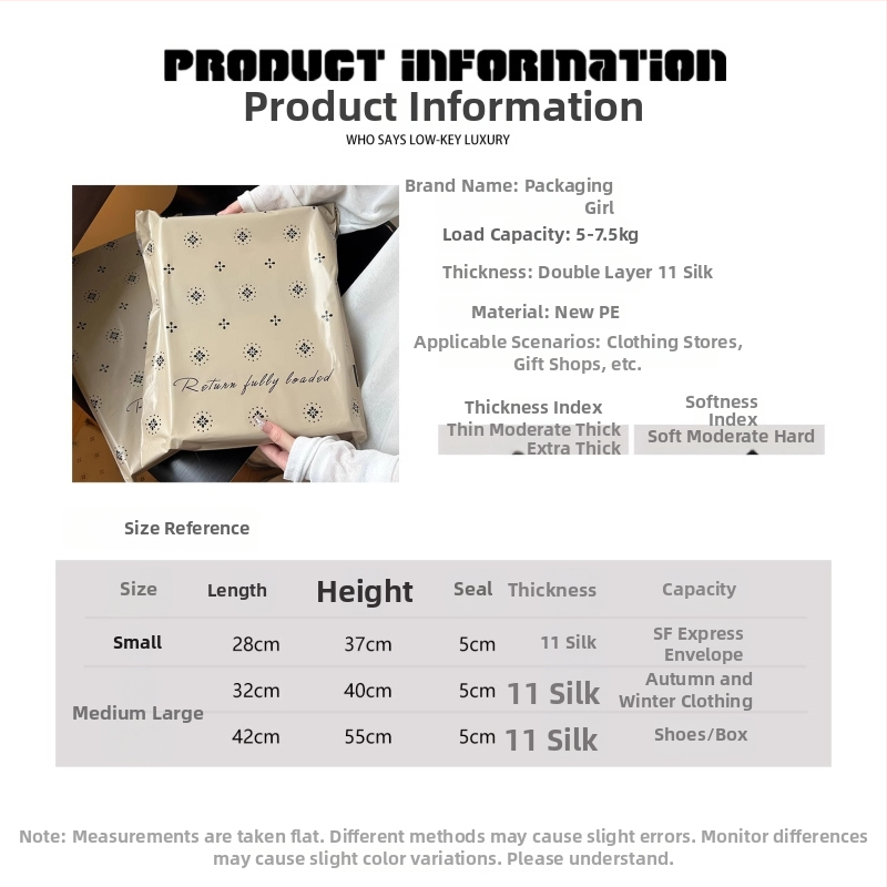 Hrubá expresná taška na oblečenie so samolepiacím vodotesným uzáverom; veľkosti: veľká 38×52 cm, stredná 32×45 cm, malá 28×42 cm; materiál PE, dvojvrstvová konštrukcia, tlačené logo, nosnosť približne 5 kg
