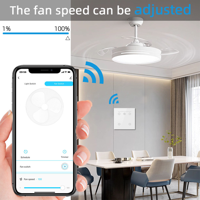 Tuya умна домашна WiFi вентилатор, сензорен превключвател и приложение, таймер за регулиране на скоростта — EU/UK стандарт