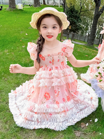 Lányoknak szóló ujjatlan virágos ruha, 2025-ös új modell, hercegnő-stílusú ruha masnival, Lolita tüllruha