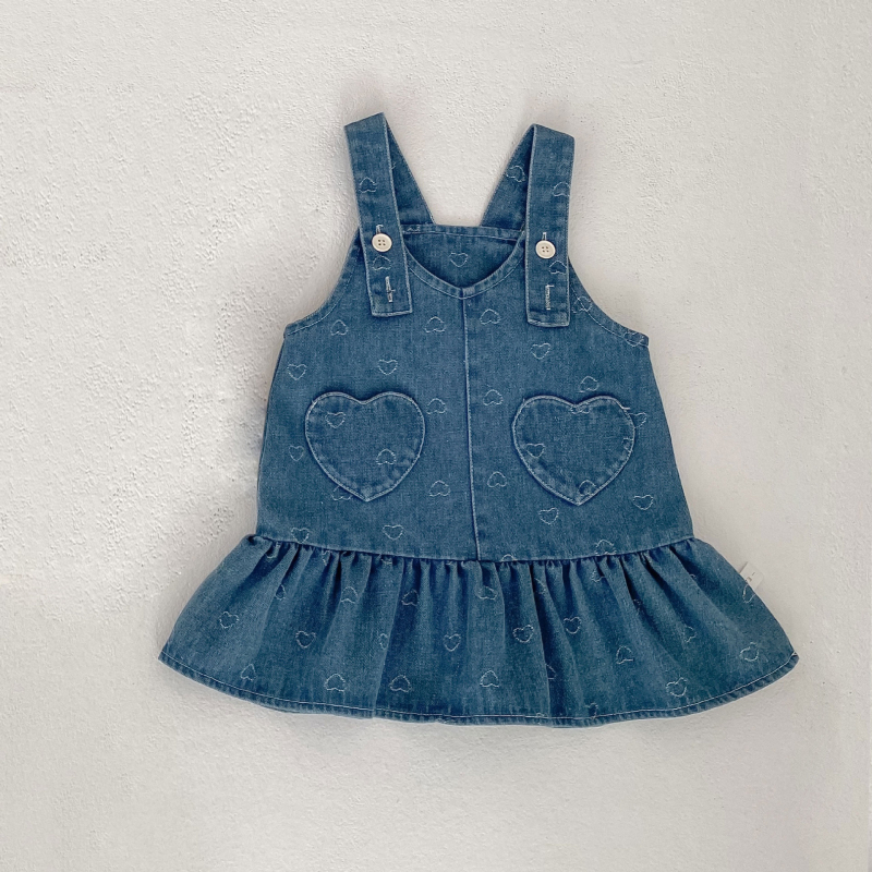 Denim pántos ruha és álló galléros hosszú ujjú felső — két részes készlet 1–3 éves gyerekeknek