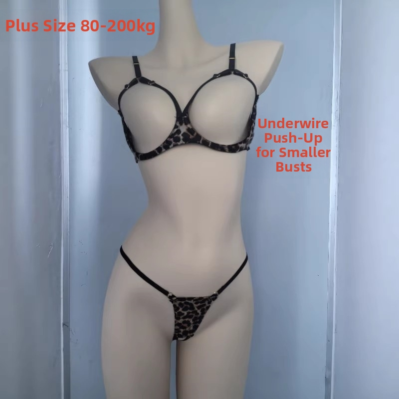 Plus-size sexy spodné prádlo s leopardím vzorom a vyrezávanými detailmi, push-up podprsenka bez zapínania, set pre malé prsia
