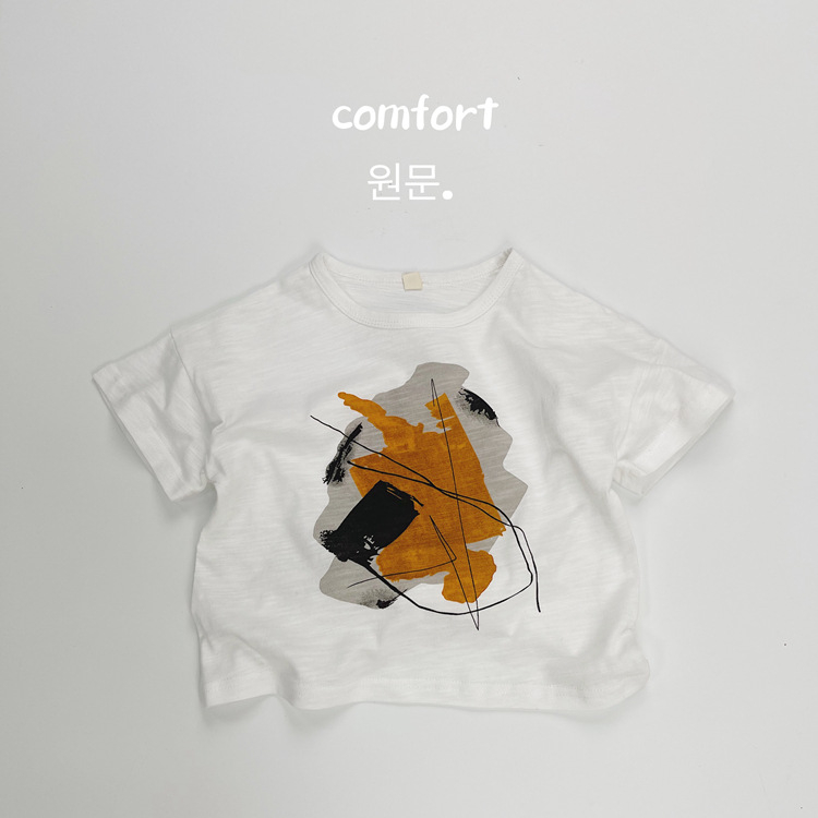 Nyári gyerekeknek készült rövid ujjú T-shirt absztrakt művészeti mintával, koreai stílusú felső