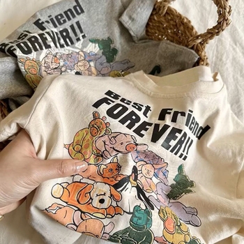 Gyerekeknek készült rövid ujjú nyári póló karikatúra mintával, 100% pamut, kerek nyakú, japán stílusú
