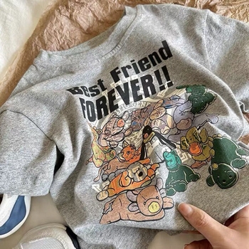 Gyerekeknek készült rövid ujjú nyári póló karikatúra mintával, 100% pamut, kerek nyakú, japán stílusú