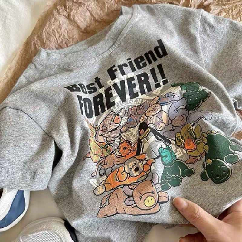 Gyerekeknek készült rövid ujjú nyári póló karikatúra mintával, 100% pamut, kerek nyakú, japán stílusú