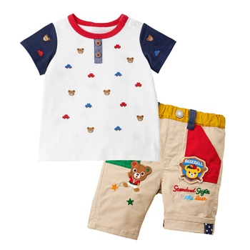 Fiúknak való pamut rövid ujjú póló, karikatúra medve és autó hímzéssel, színes blokk dizájn, 95% pamut