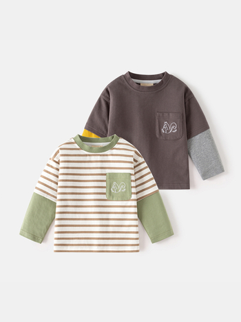 Fiúknak készült hosszúujjú pamut T‑shirt, kerek nyakú, színblokkolt ujjak, rajzfilm mintával, puha anyag, 3–8 év