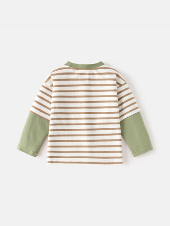 Fiúknak készült hosszúujjú pamut T‑shirt, kerek nyakú, színblokkolt ujjak, rajzfilm mintával, puha anyag, 3–8 év