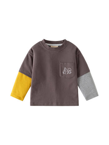Fiúknak készült hosszúujjú pamut T‑shirt, kerek nyakú, színblokkolt ujjak, rajzfilm mintával, puha anyag, 3–8 év